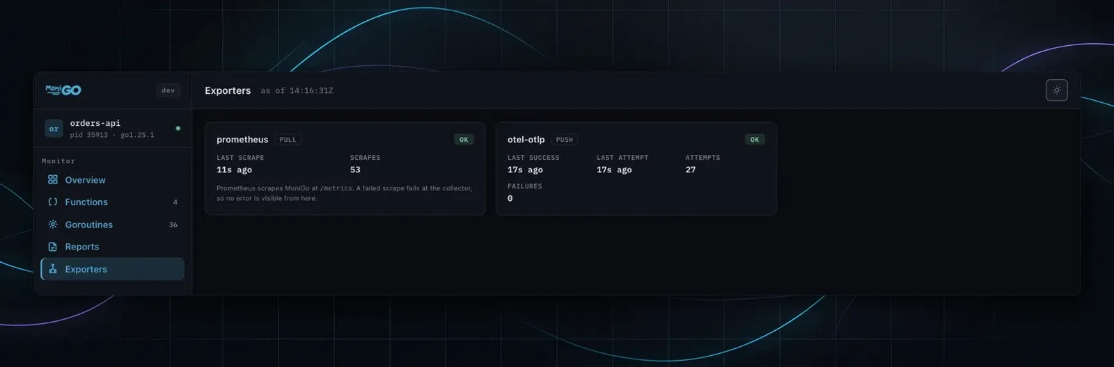 The Exporters page showing Prometheus and OpenTelemetry status